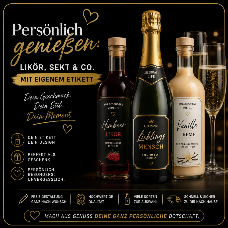 Pers&ouml;nlich genie&szlig;en: Lik&ouml;r, Sekt & Co. mit eigenem Etikett